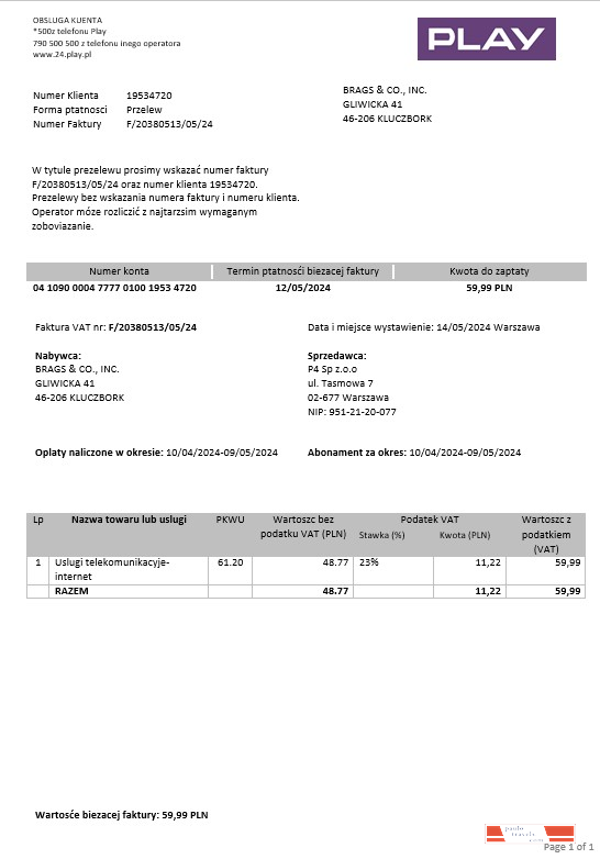 Poland Play business utility bill template in Word and PDF formats